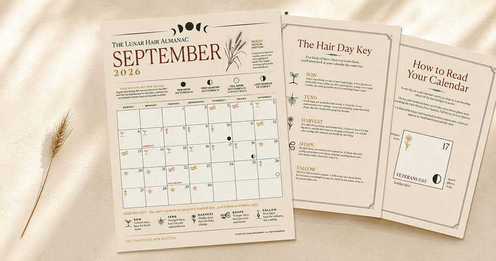 A spread of real pages from The Lunar Hair Almanac's printable calendar: a monthly page, the Hair Day Key, and How to Read Your Calendar