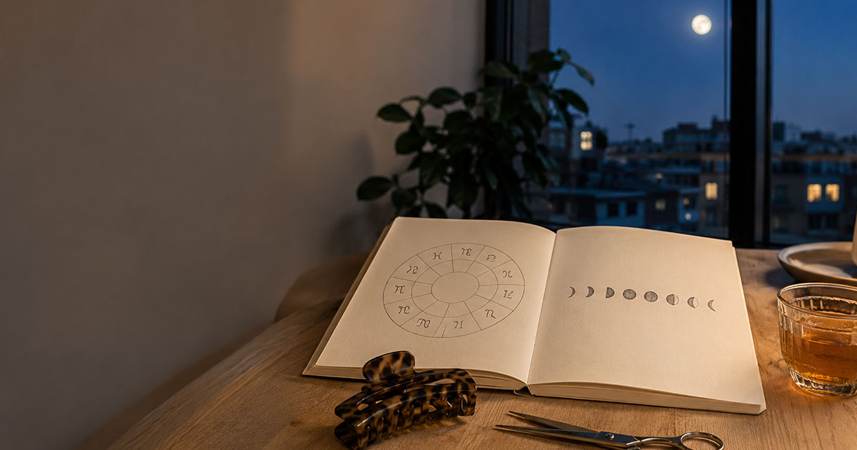 A hand-drawn diagram comparing a moon phase cycle to the moon's path through the zodiac signs