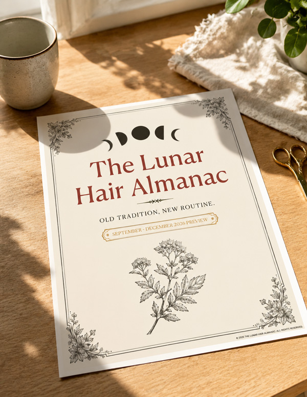A loose US Letter page from The Lunar Hair Almanac's printable calendar, photographed on a sunlit desk